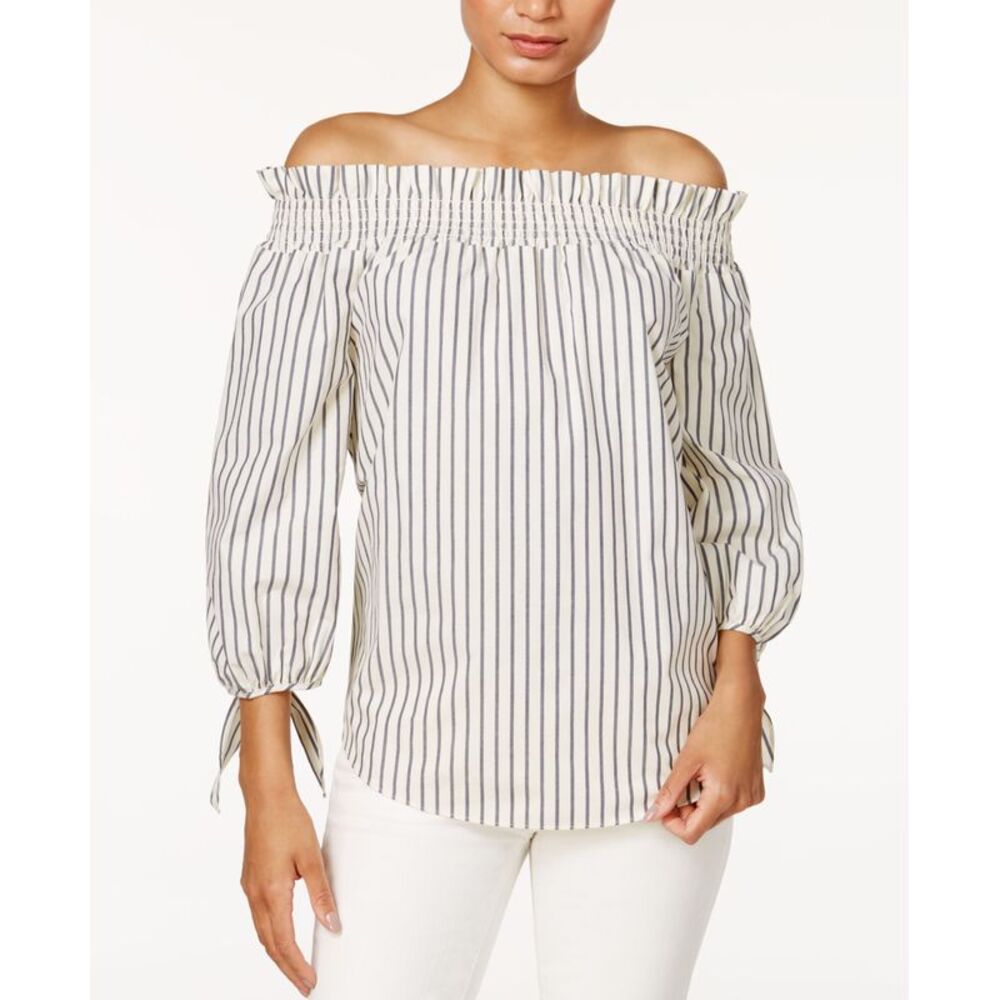 kensie Cotton Poplin Printed Off-The-Shoulder Top